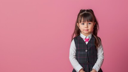 A little girl dressed in school uniform, blank pastel background