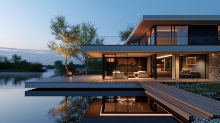 Fototapeta premium A contemporary lake house with a cantilevered design, large windows, and a wooden deck overlooking a serene lake