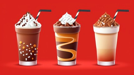 Three delicious milkshakes with whipped cream toppings and straws, displayed against a vibrant red background. Perfect for dessert or treat inspiration.
