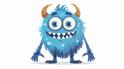 Fototapeta premium Happy Halloween! Cute blue monster stands with four eyes, fangs, and fur. Cartoon baby character looks funny and childish. Flat design. Isolated on white background. Vector