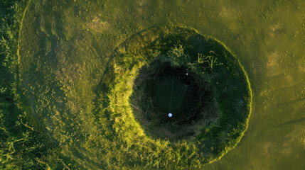 Golf ball positioned precariously on the lip of the hole, captured from a bird's-eye view.