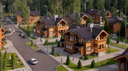 A row of wooden cabins, painted red, with green lawns, a paved road, and lush forest in the background on a bright, sunny day
