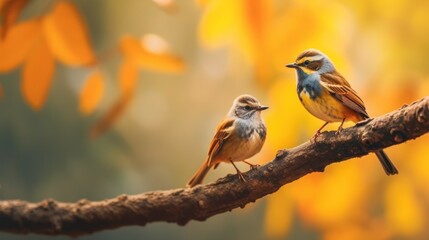 Naklejka premium Two Birds Perched on a Branch with a Blurred Background of Autumn Leaves