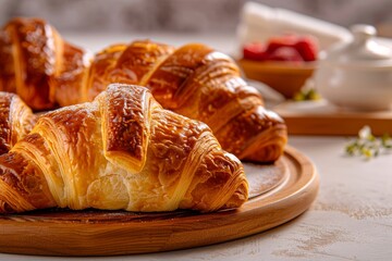 almond-topped croissants on a cozy table, creating a welcoming bakery ambiance. Beautiful simple AI generated image in 4K, unique.