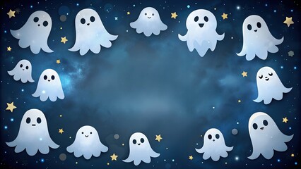 A stylish Halloween scene with colorful ghosts, cute characters and empty space for text is perfect for a festive and playful fall theme. Cute watercolor illustration in soft pastel colors