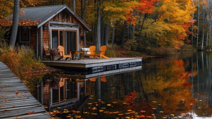 Fototapeta premium A cozy lakeside cabin with a wooden dock, Adirondack chairs on the porch, and reflections of autumn foliage in the calm water