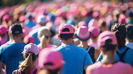 Large group of people participating in a cancer fundraising event such as a charity walk or run coming together to show their support and raise awareness for this important health cause