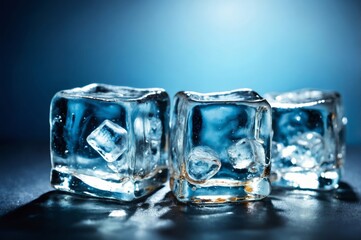 Three clear ice cubes on dark surface with blue background