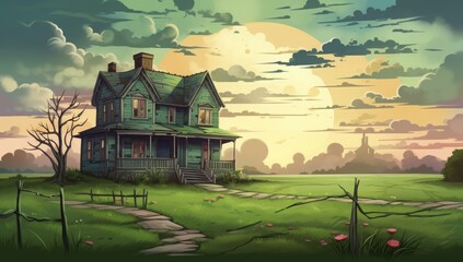 Illustration of a rundown, deserted house in a lush meadow under an overcast sky, showcasing the beauty of nature reclaiming man-made structures