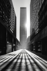 Sunlit Urban Alleyway with Modern Skyscraper in Black and White