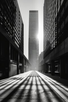 Fototapeta Sunlit Urban Alleyway with Modern Skyscraper in Black and White