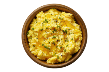 Scrambled egg in bowl isolated on transparent background