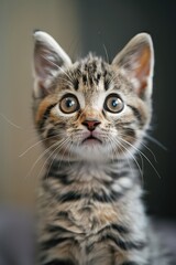 Adorable Close-Up of a Curious Tabby Kitten with Wide Eyes and Whiskers