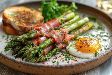 Plate with baked asparagus wrapped in Parma ham, an egg and toast next to it.