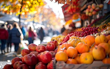 A vibrant autumn market with a variety of fresh fruits and vegetables, people shopping and enjoying the seasonal produce.
