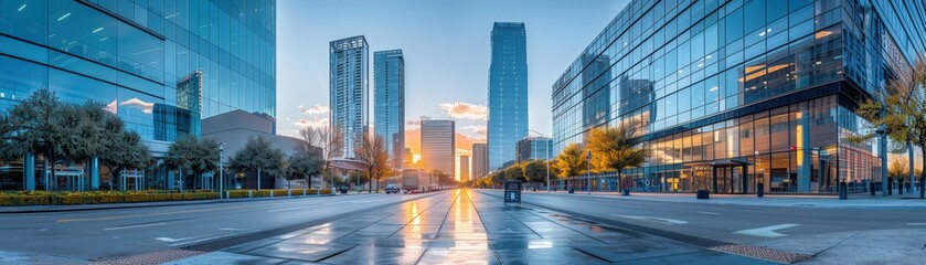 Fototapeta premium Modern Urban Cityscape with Skyscrapers and Reflections at Sunrise