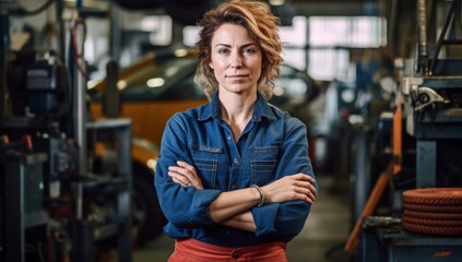 Image of a female mechanic with arms crossed, looking confident and happy while standing in an auto repair shop