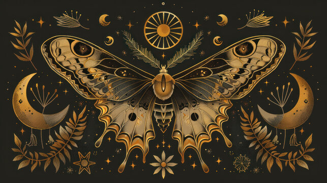 Mystical golden butterfly art with sun, moon, and plants. Mysterious moth with a bohemian and tarot theme. Beautiful celestial astrology tattoo set with vintage style.