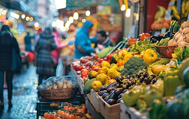 A vibrant autumn market with a variety of fresh fruits and vegetables, people shopping and enjoying the seasonal produce.