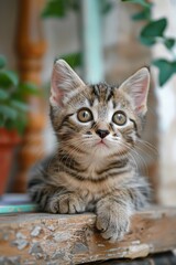 Adorable Tabby Kitten with Big Eyes Relaxing on a Wooden Surface Surrounded by Greenery