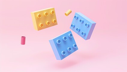 Floating Colorful Building Blocks on a Pink Background