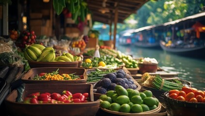 Thailand's vibrant floating market with boats selling fresh fruits and vegetables, creating a unique shopping experience on the water