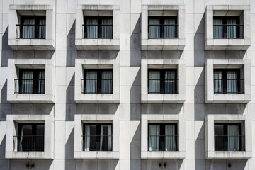 Fototapeta premium Balconies with railings in a multi-storey building. Beautiful simple AI generated image in 4K, unique.