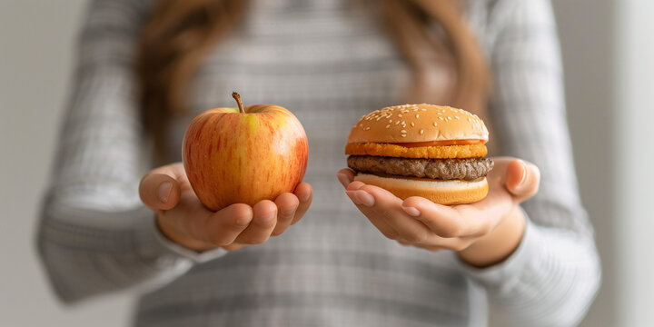 vergleich, gesund, ungesund, essen, fastfood, kalorien, vitamine, apfel, chessburger, fastfood, slowfood, vegan, hamburger, burger, burger, essen, cheese, cheeseburger, sandwich, brot, rind, br&ouml;tchen,