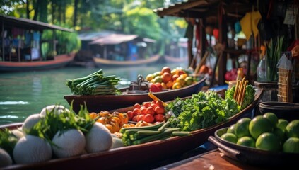 Floating market in Thailand with boats filled with fresh fruits and vegetables on a river, showcasing the vibrant and unique culture of a market on the water