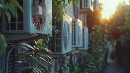 Air conditioning units mounted outside a building, surrounded by greenery, with soft evening sunlight illuminating the scene.