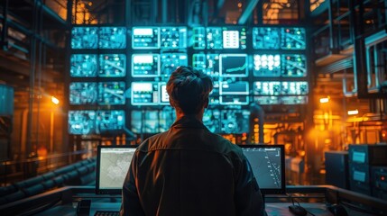 Technician Monitoring Multiple Screens in High-Tech Control Room with Advanced Data Analytics