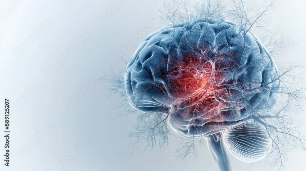 Poster 3d illustration of a human brain with highlighted neural activity, depicted in a blue and red color 