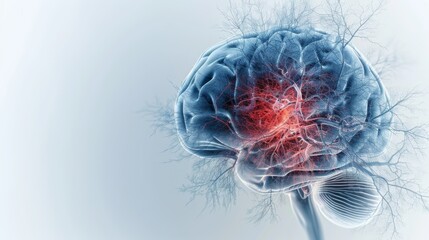 3D illustration of a human brain with highlighted neural activity, depicted in a blue and red color scheme on a light background.