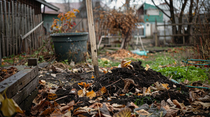 Rotting compost piled in a plastic bin sits in a spring garden in a village.