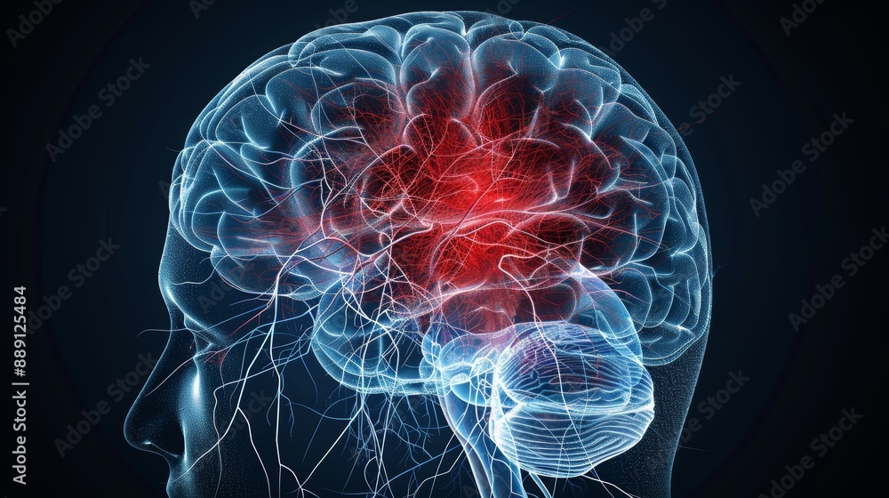 Poster high-resolution 3d rendering of human brain with highlighted regions, showcasing intricate neural ne