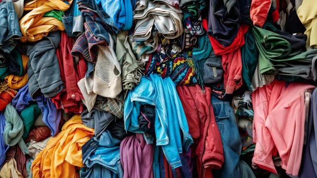 Large pile of discarded clothes in a landfill under a blue sky