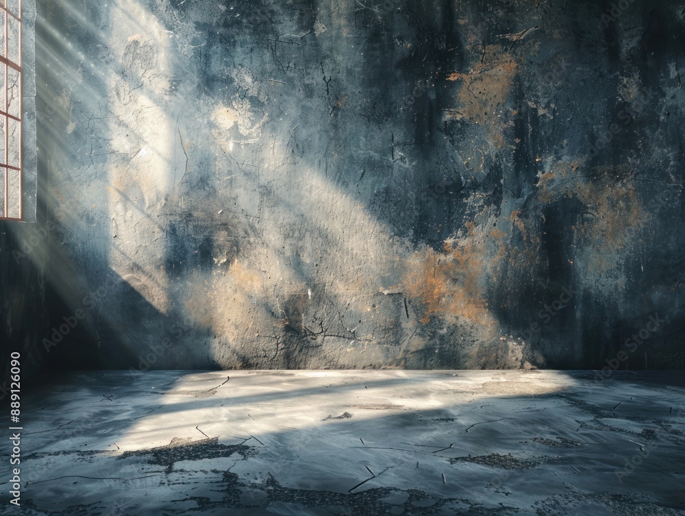 Poster Light streams through a window into a dark, empty room