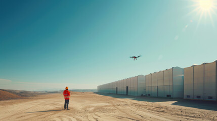 A worker in a red jacket operating a drone at a large industrial site under a clear blue sky.