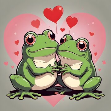 Para zakochanych żabek z sercami na walentynki