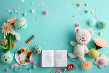 Fototapeta premium Cute Teddy Bear with Storybook and Art Supplies on a Colorful Pastel Background. Book lovers day, Back to school concept