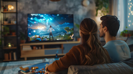 Couple watching TV in cozy living room with ambient lighting