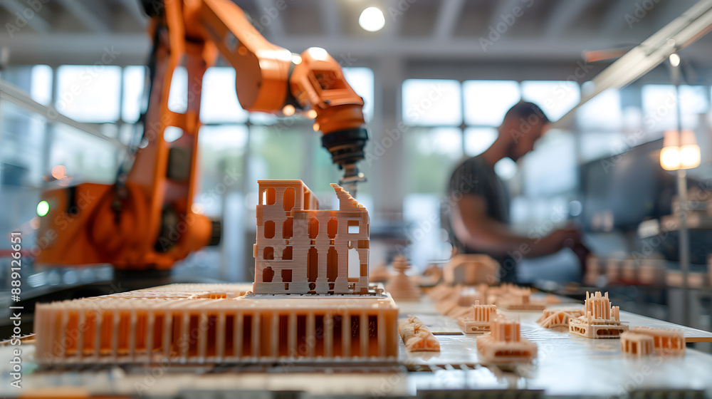 Poster robot arm constructing a detailed architectural model in a workshop