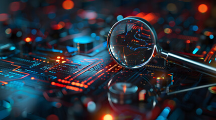 Fototapeta premium Close-up of a circuit board under magnifying glass with glowing lights