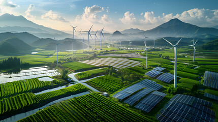 Fototapeta premium Wind turbines and solar panels in a picturesque green landscape