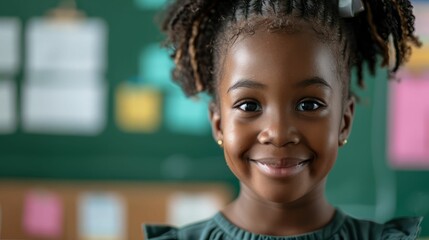 A young Black girl smiles brightly at the camera in a classroom setting.