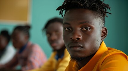 Obraz premium A young black man with dreadlocks looks intently at the camera, sitting in a classroom with other students.