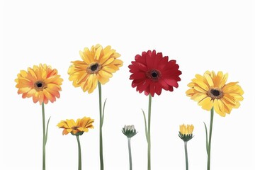 Five bright gerbera daisies add a splash of color to a simple, modern space. The flowers' bold petals create a beautiful contrast with the clean, minimalist background.