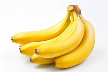 A still life of whole bananas arranged on a clean white background, showcasing their vibrant yellow color. Perfect for fruit lovers and healthy eating enthusiasts.