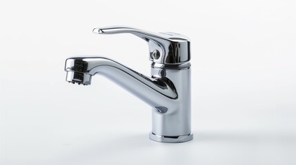 Shiny Chrome Water Tap Isolated on White Background, Modern Faucet for Kitchen or Bathroom