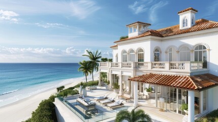 Obraz premium A luxurious beachfront estate with white walls, terracotta roof tiles, and a large terrace overlooking the ocean